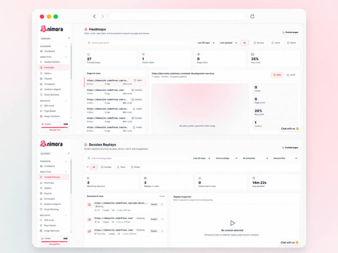 Nimora visitor analytics showing heatmaps, session replays, scroll depth, and shopper activity